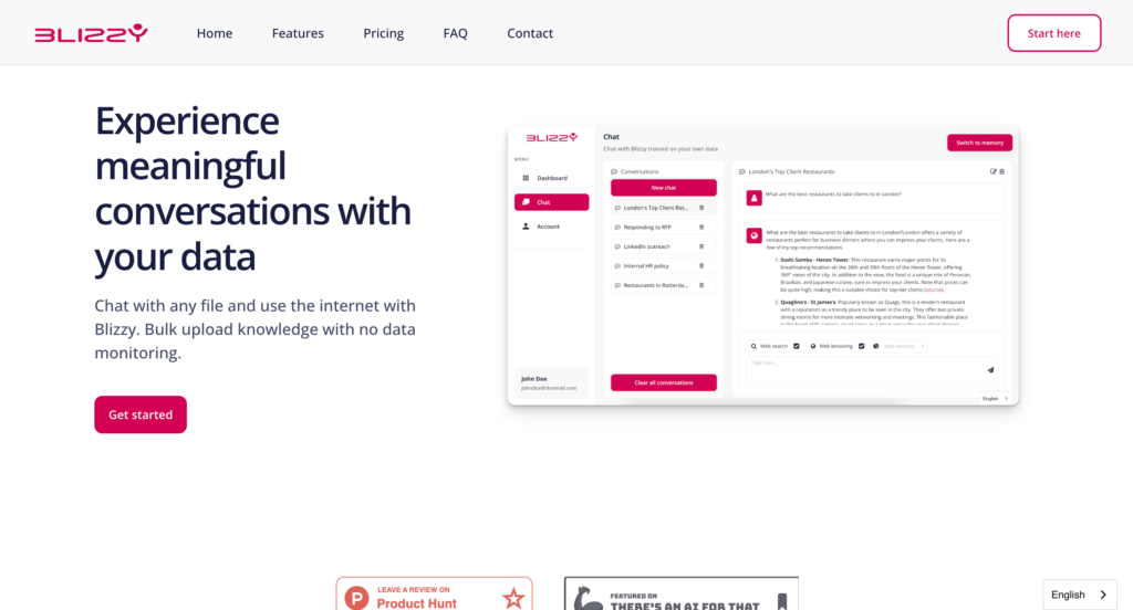 Blizzy AI homepage showcasing its tagline, "Experience meaningful conversations with your data," with a chat-enabled dashboard and a prominent "Get started" button.